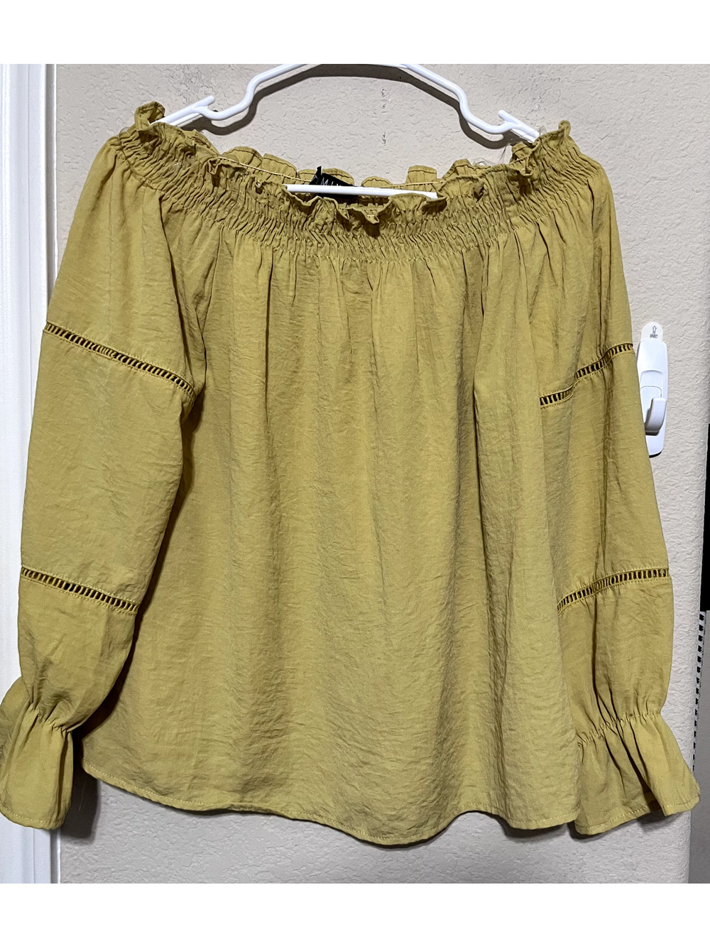 Mustard Yellow Peasant Blouse Smocked Off shoulder flowy romantic cottagecore M